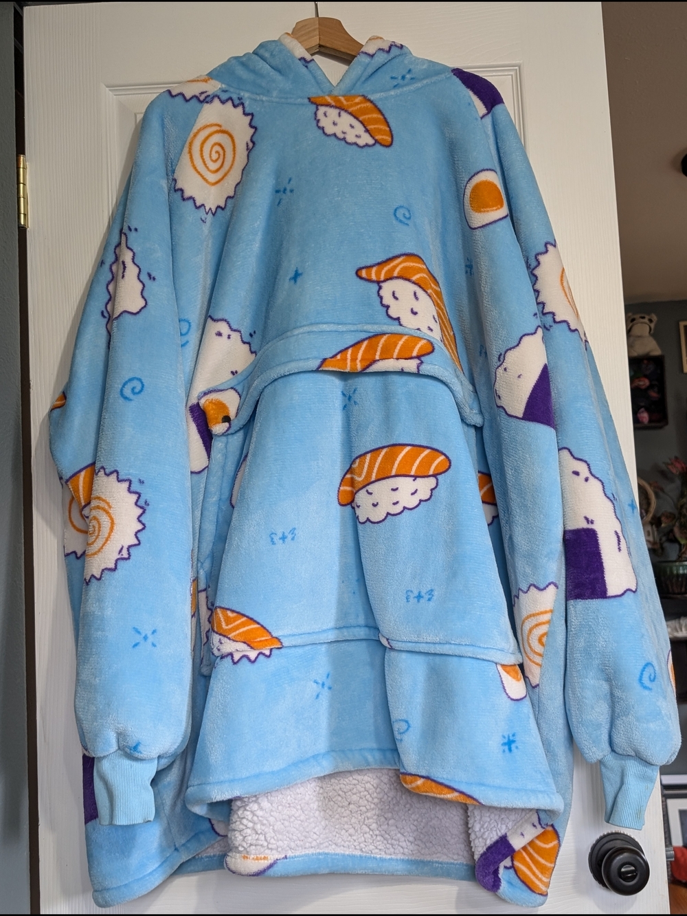 Blue Sushi Print Hooded Plush Wearable Blanket